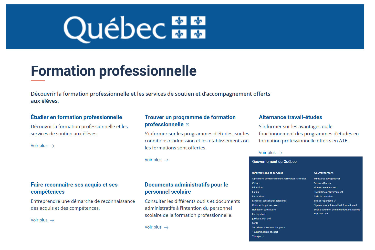 Aperçu Formation professionnelle Québec